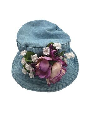 Denim Bucket Hat with Purple Floral Accent - 100% cotton
